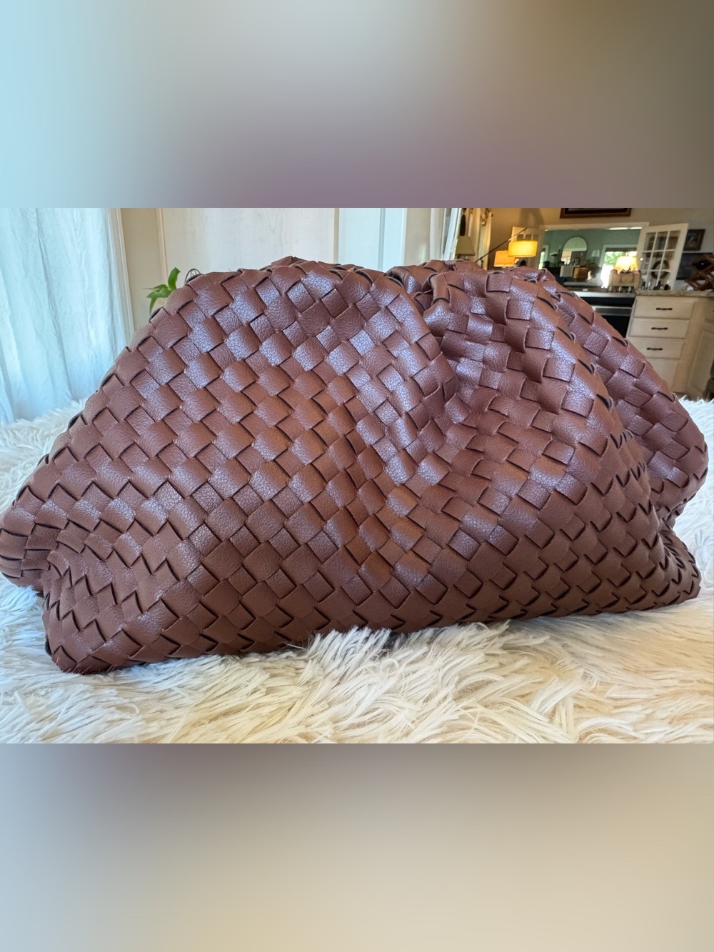 Faux Leather Woven Clutch - Brown